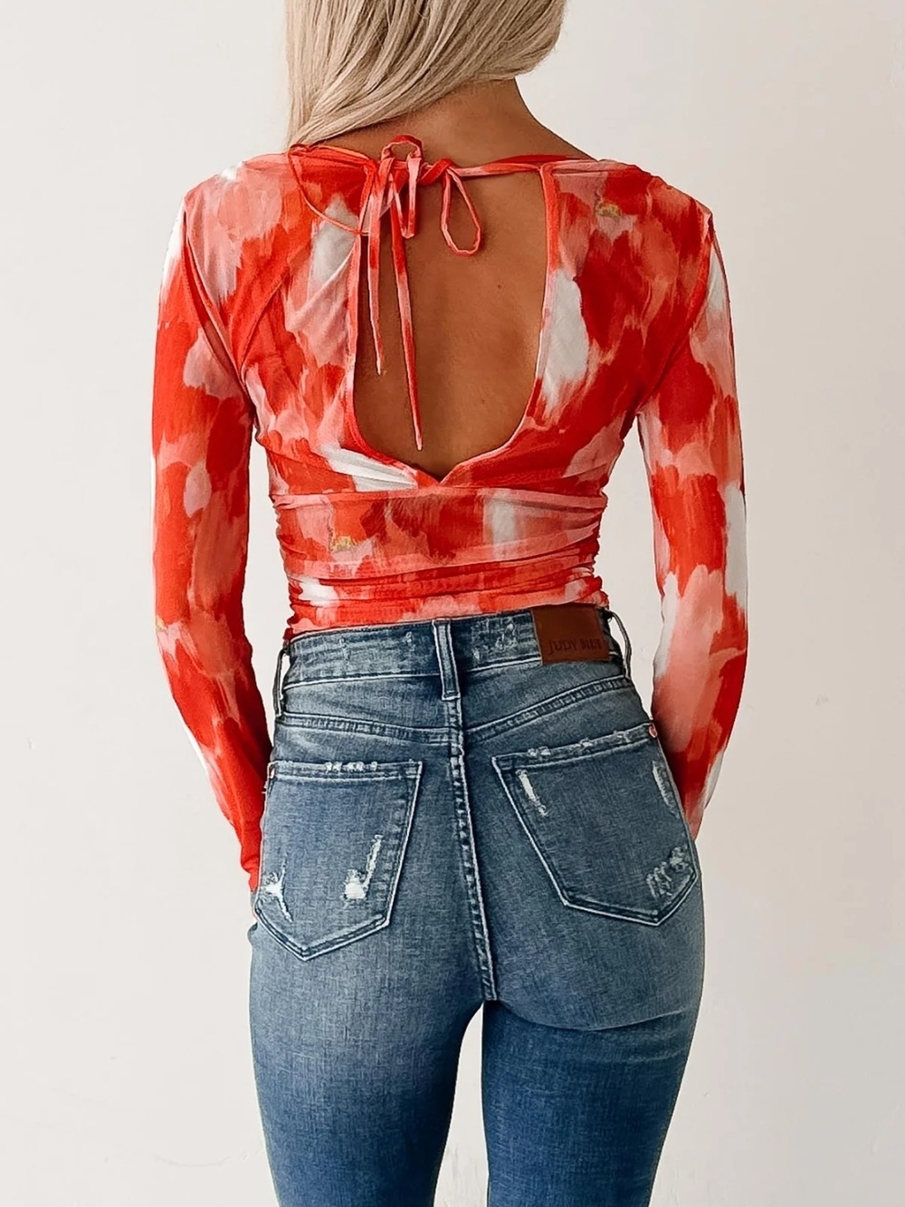 Privy Lethal Looks Rhinestone VNeck TieBack Sheer Lng Sleeve Blouse Orange White - Picture 9 of 15